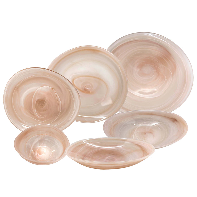 Mariposa alabaster glass blush dinnerware set with six round bowls, swirled finish