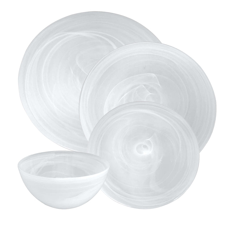 White alabaster glass dinnerware set with swirled etched pattern; bowls and plates