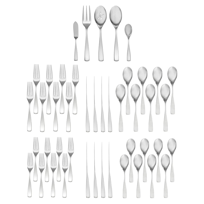 Stainless steel flatware set with forks, knives, and spoons, Anna pattern