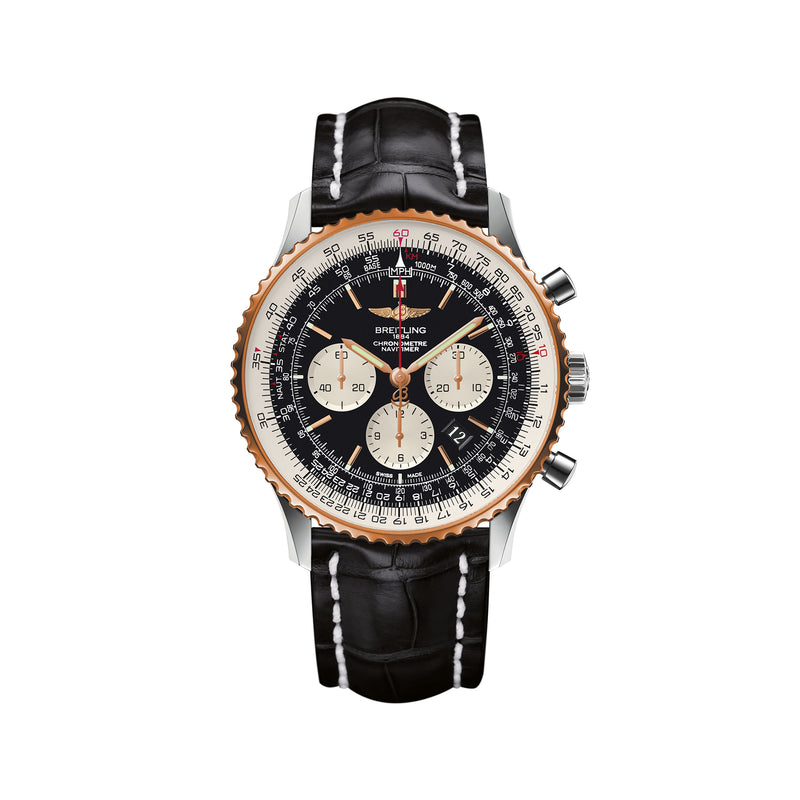 Men's Breitling Navitimer 01 watch with black leather strap, rose-gold bezel, black dial