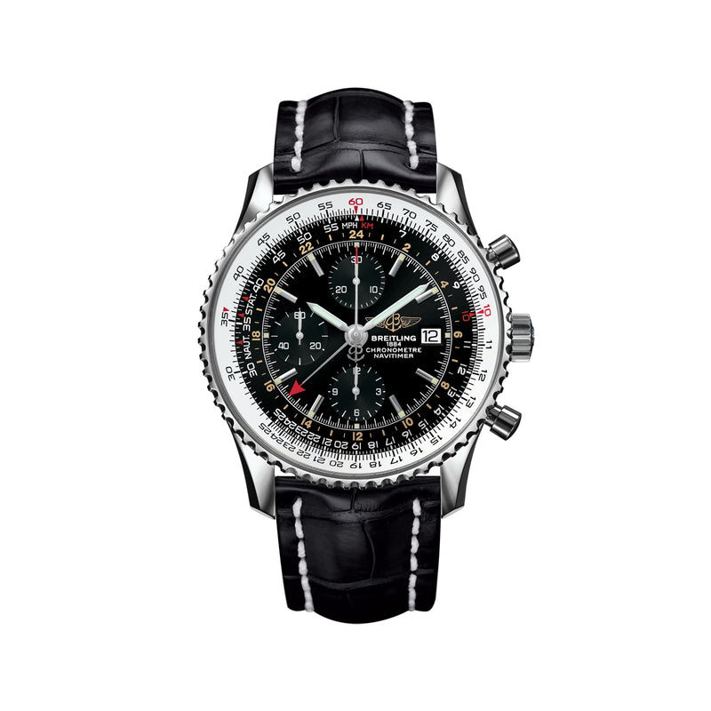 Men's stainless steel wristwatch with black dial, leather strap and rotating bezel