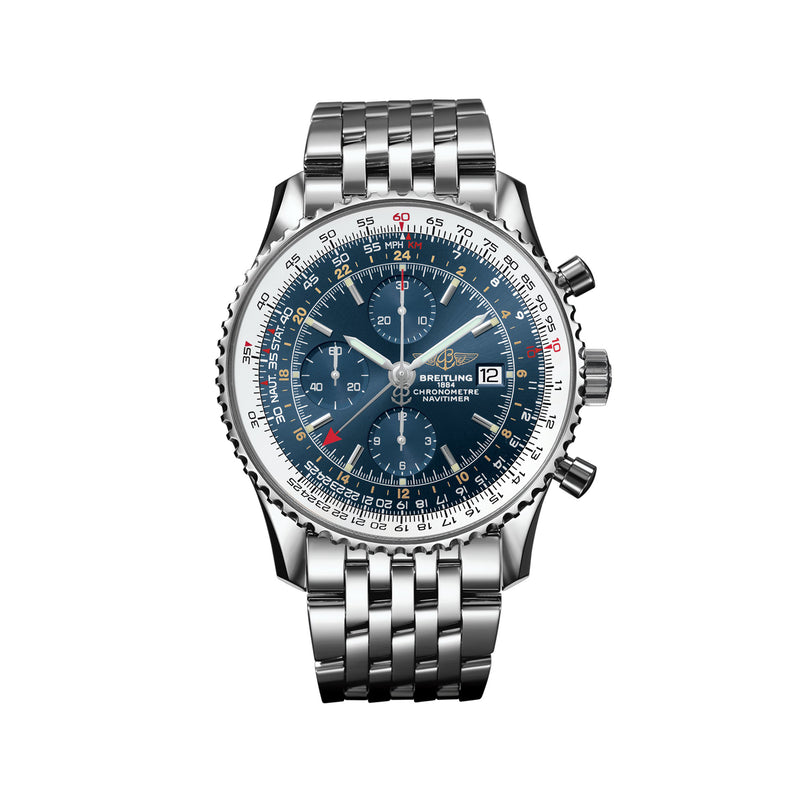 Men's stainless steel chronograph watch, blue dial, tachymeter bezel, 46mm