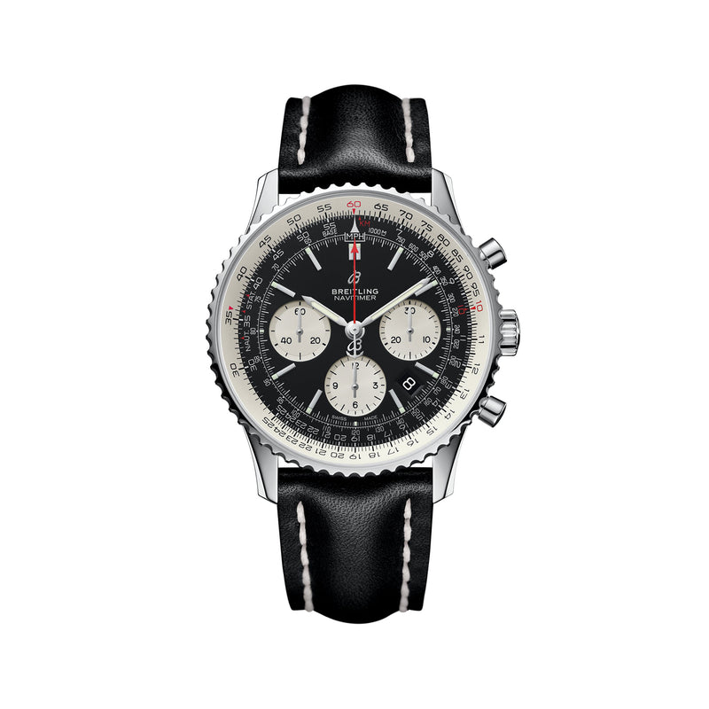 Men's stainless steel chronograph watch with black dial and black leather strap