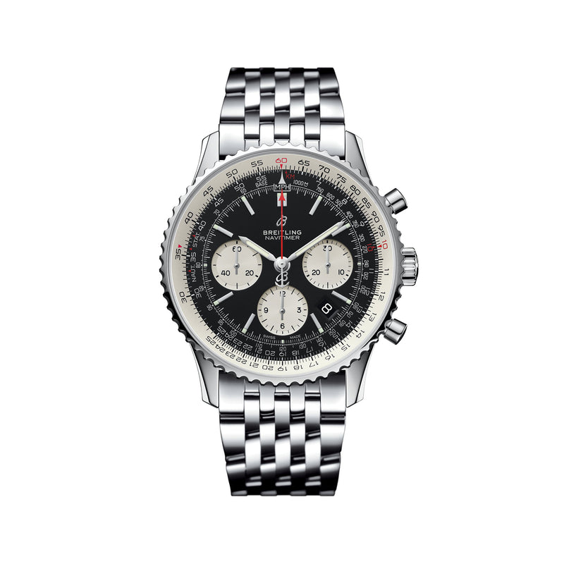 Breitling Navitimer men's stainless steel chronograph watch, black dial with silver subdials