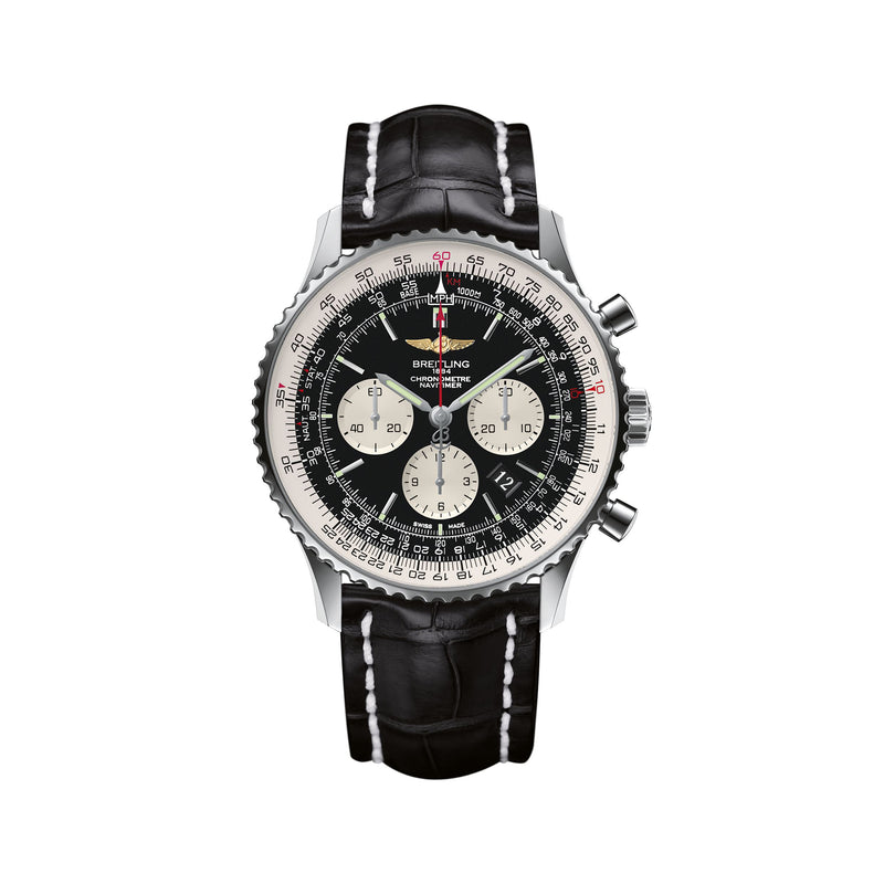 Stainless steel chronograph watch with black dial and black leather strap