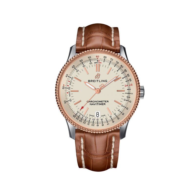 Breitling Navitimer men's watch: rose gold case, white dial, brown leather strap