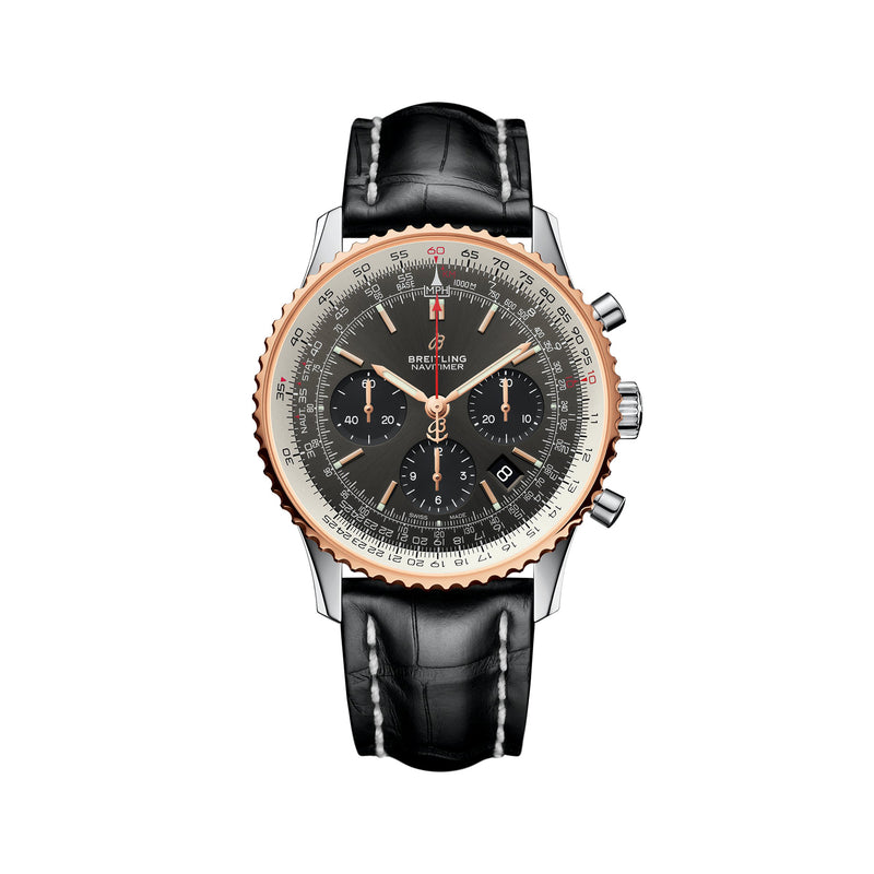 Men's stainless steel chronograph watch with black leather strap and black dial