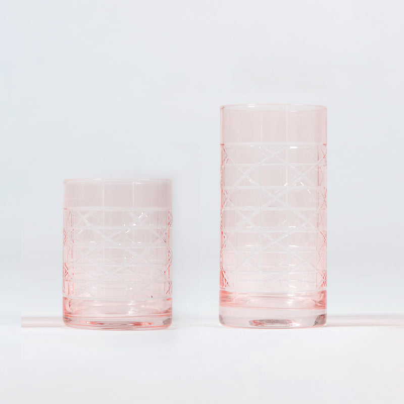 Pink cane glass tumbler pair with pink lattice pattern and clear sides