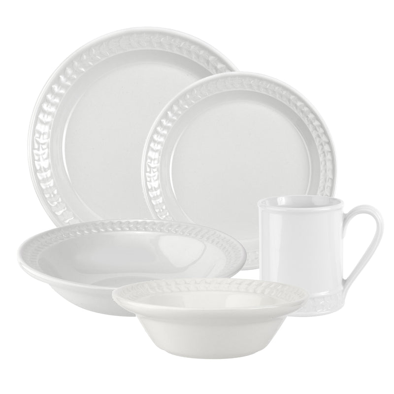 White embossed-rim dinnerware set with plates, bowls, and mug