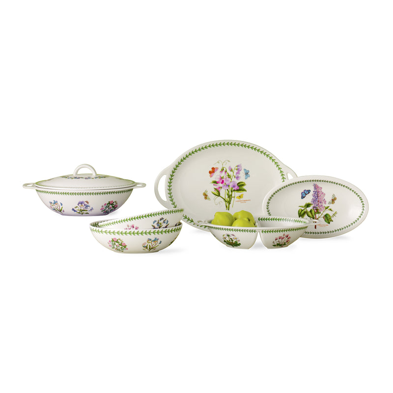 Botanic Garden floral porcelain dish set with lid, bowls and plates, green border