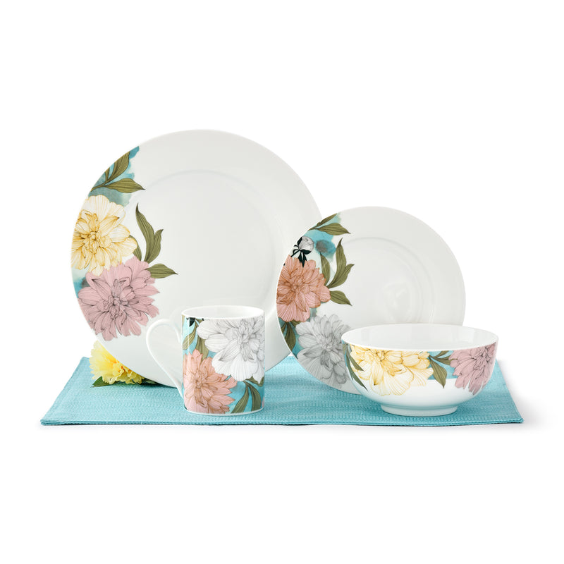 Spode floral sketch dinnerware set: white plates, bowls, and mugs with pastel flowers