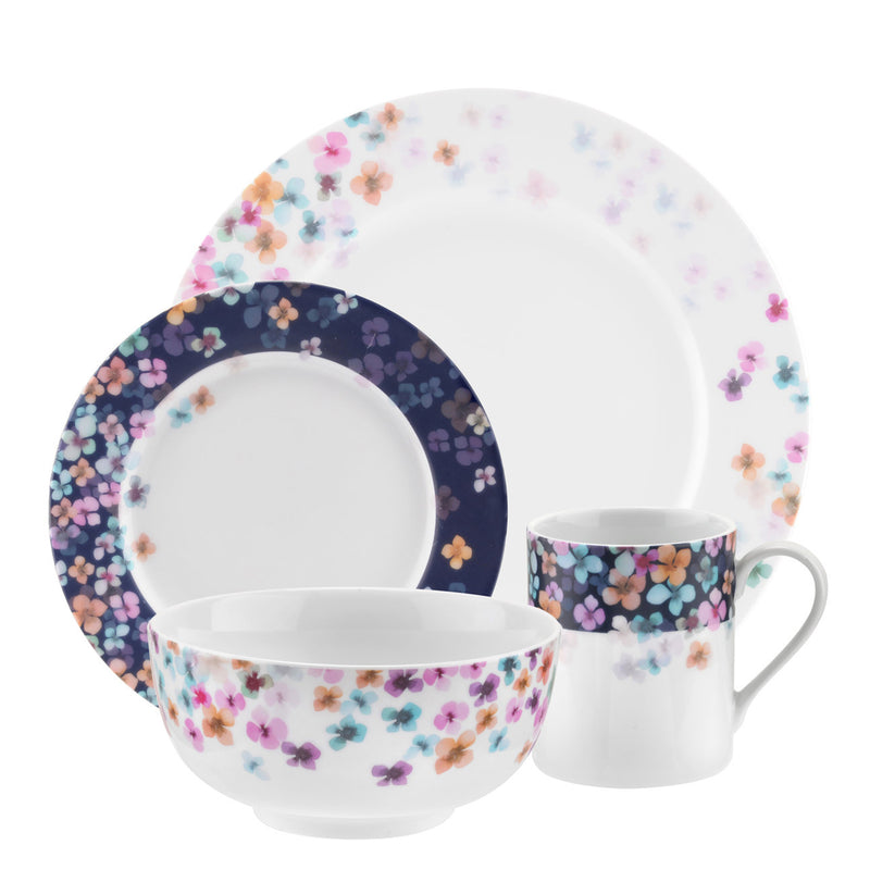 Floral dinnerware set with dinner plate, side plate, bowl, and mug, multicolor