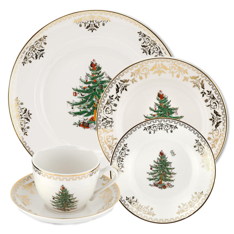Christmas-themed gold-rim dinnerware set: plates and teacup with saucer.