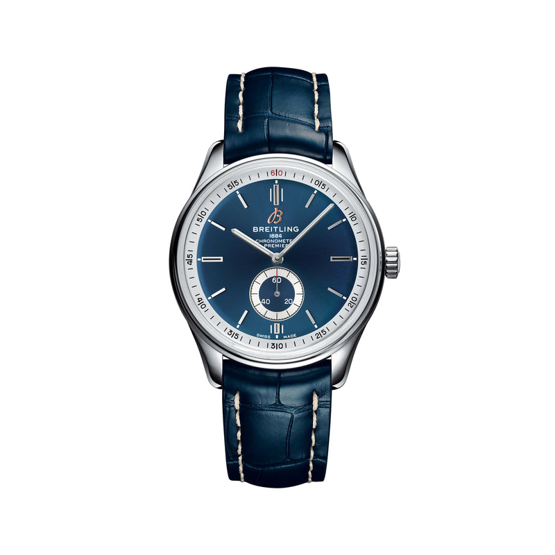 Breitling Premier automatic watch with blue dial, stainless steel case, and blue leather strap