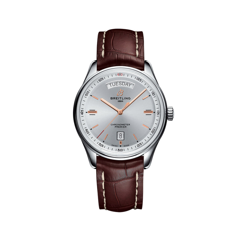 Men's Breitling Premier automatic day-date watch, brown leather strap, silver dial, steel case