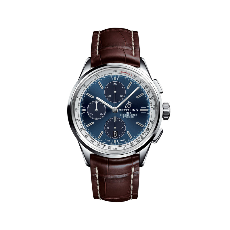 Breitling Premier chronograph watch, stainless steel case, blue dial, brown leather strap