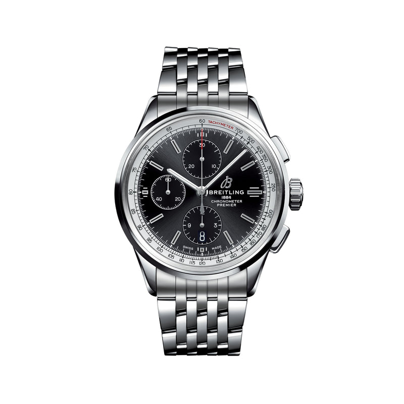 Breitling Premier stainless steel chronograph watch, black dial with subdials, steel bracelet