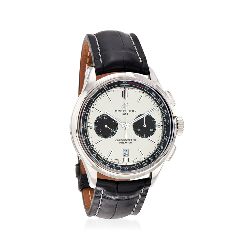 Stainless steel chronograph watch with black crocodile leather strap and white dial