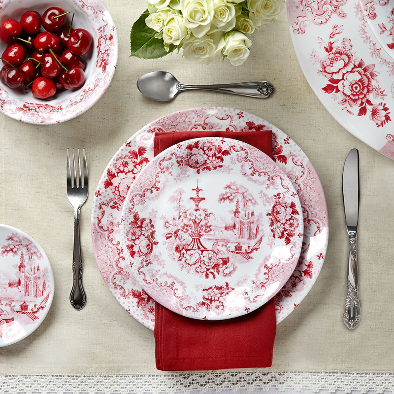 Crimson and white toile-style melamine dinner plates with floral scene
