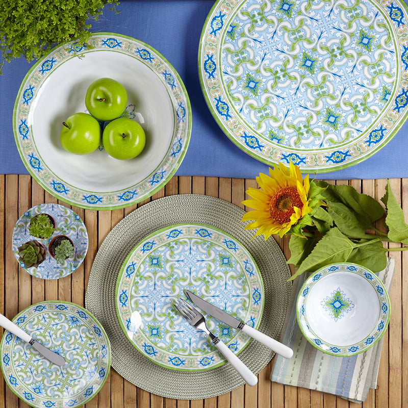 Lima melamine dinnerware set with blue-and-green ornamental plates and bowls