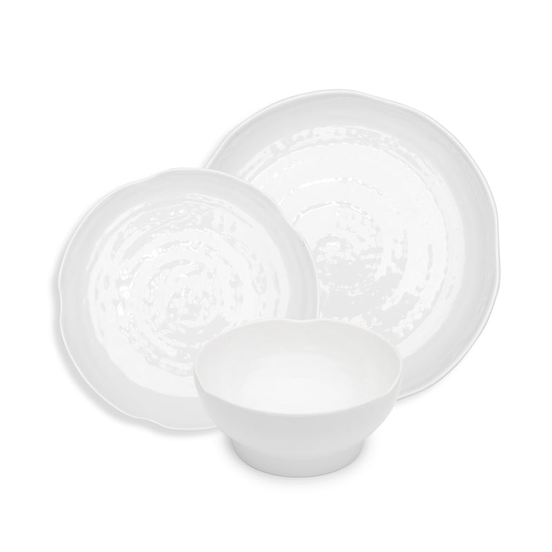 Pearl white melamine dinnerware set with plates and serving bowl
