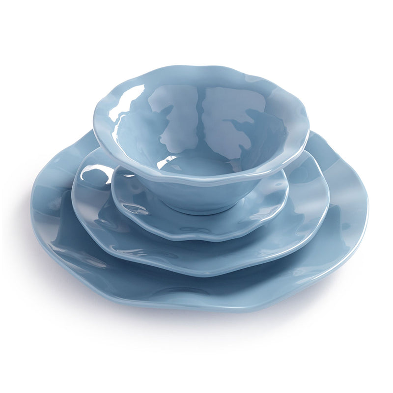 Mist blue ruffle melamine dinnerware, stacked plates and bowls