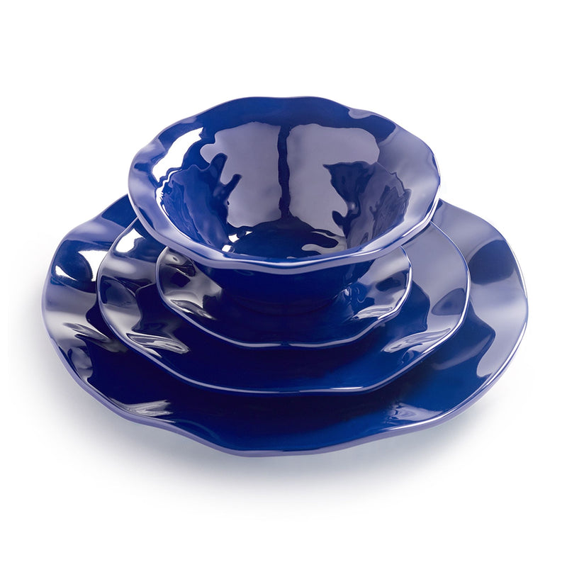 Ruffle-edged navy melamine dinnerware bowl and plate set