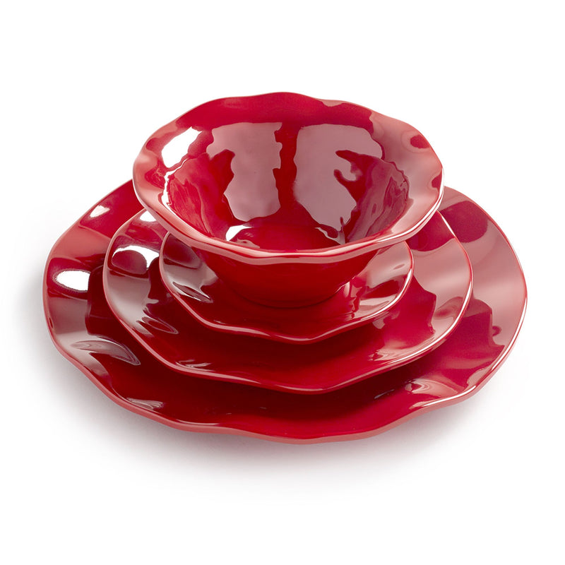 Red melamine bowl and plate set with ruffled rims