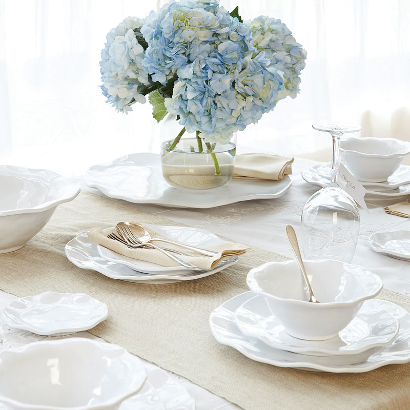 White melamine dinnerware set with scalloped ruffle rims
