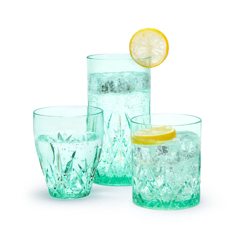 Seaglass green acrylic tumbler set of three with faceted texture; lemon slice garnish