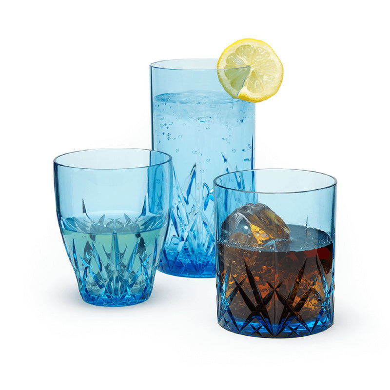 Topaz blue acrylic drinkware set of faceted tumblers and a tall glass