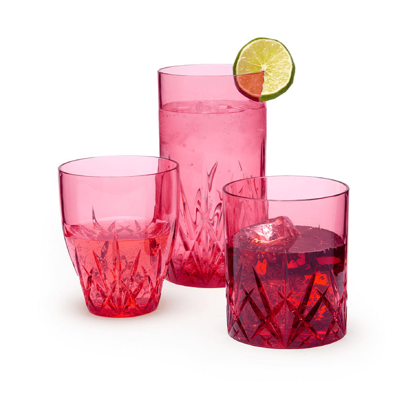Ruby pink acrylic drinkware set with faceted low tumblers and tall cup