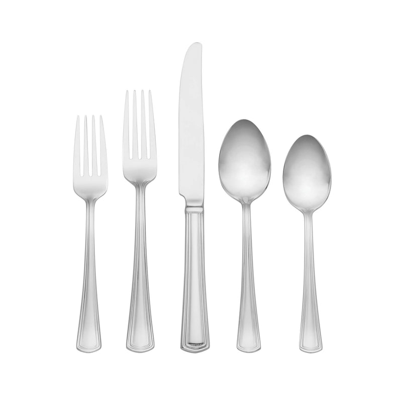Stainless steel flatware set with forks, knife, and spoons, polished finish