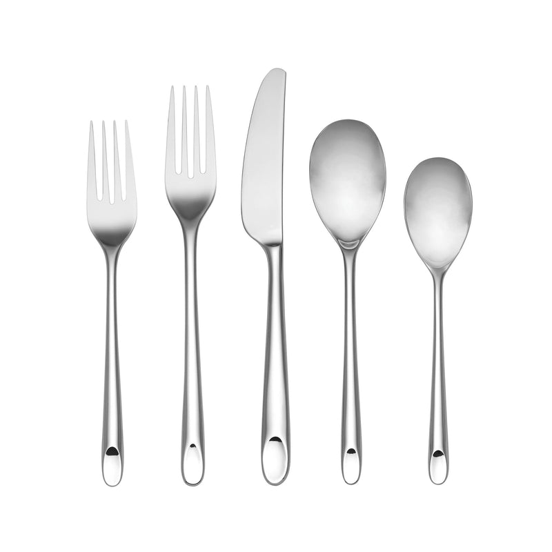 Stainless steel flatware set assortment: forks, knife, and spoons with oval handles