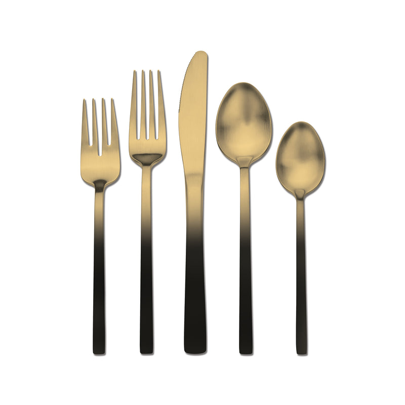 Gold and black ombre stainless steel flatware set with forks, knives, and spoons