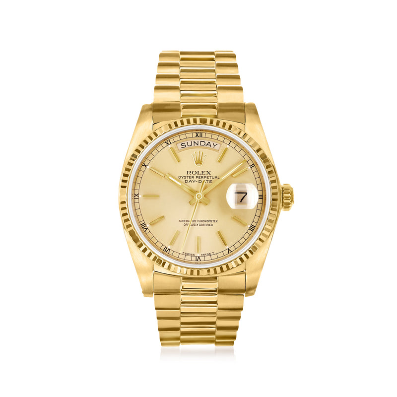 Yellow gold Rolex Day-Date men’s watch with white dial and day-date window at 3