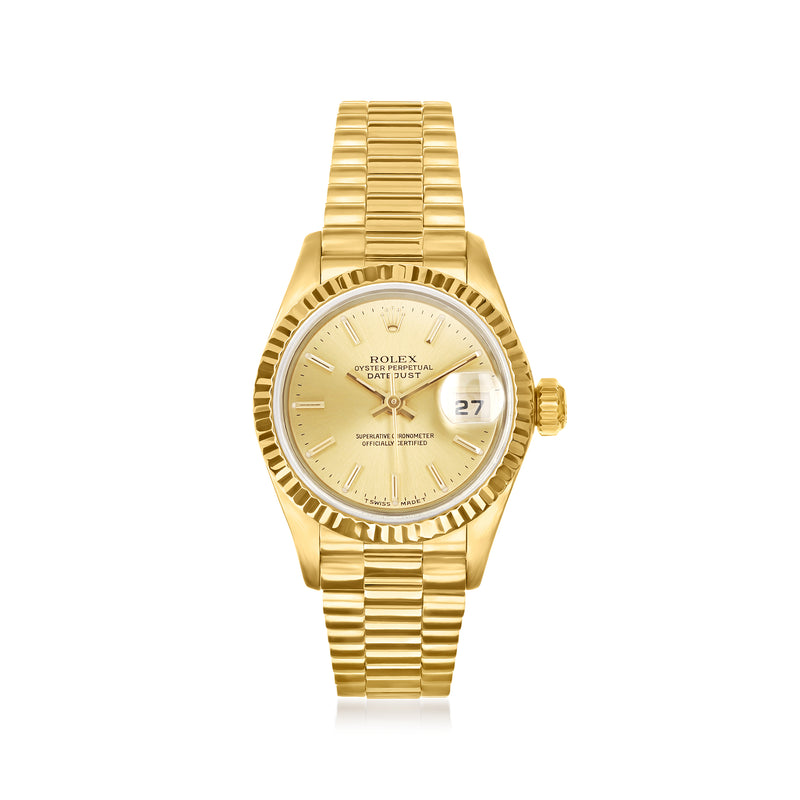 Yellow gold Rolex Datejust women's wristwatch with ivory dial, fluted bezel, date window