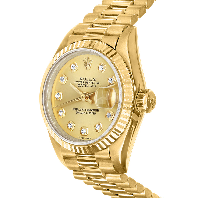Rolex Datejust yellow gold watch, close-up of crown and diamond-set white dial