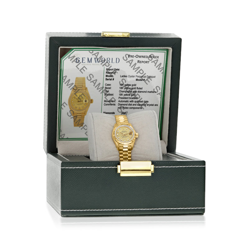 Rolex Datejust 26mm yellow gold watch in presentation box with certificate card