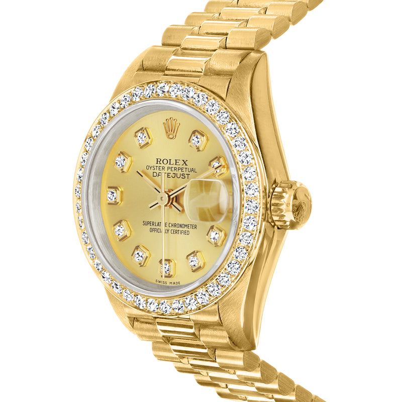 Yellow gold Rolex Datejust watch, diamond bezel and dial, side profile with crown