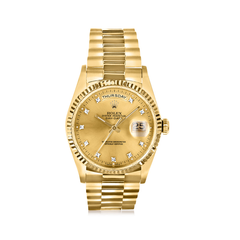 Pre-owned Rolex Day-Date 36mm automatic yellow gold watch, diamond dial and bracelet