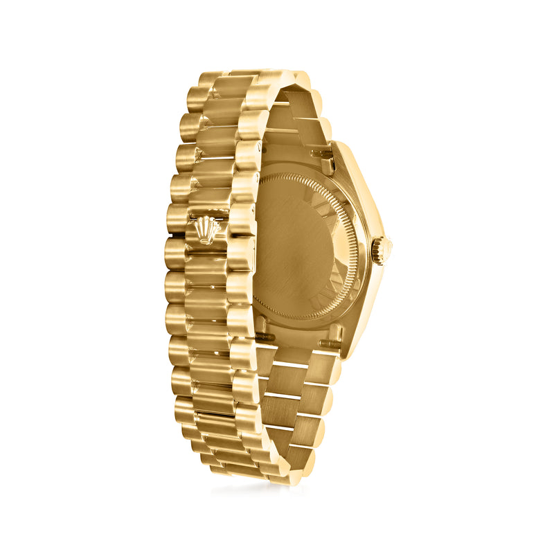Rolex Day-Date 36mm automatic watch side view, yellow gold case and linked bracelet