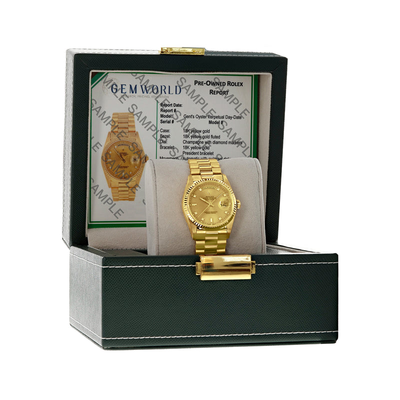 Rolex Day-Date 36mm automatic watch in presentation box, yellow gold case and bracelet