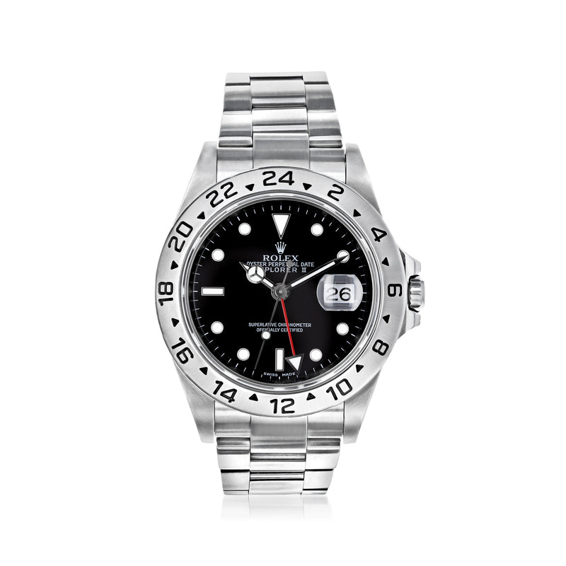Pre-owned Rolex Explorer II automatic wristwatch, stainless steel, black dial with date