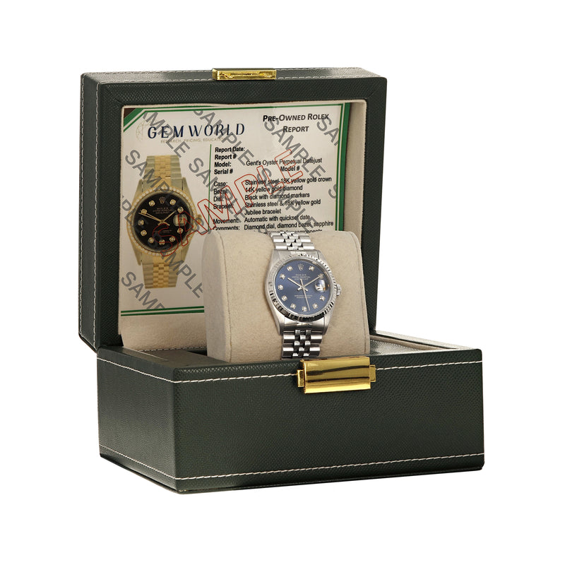 Rolex Datejust watch in presentation box, blue dial on stainless steel bracelet