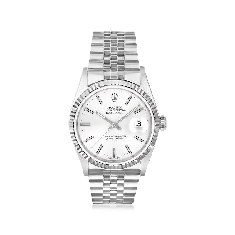 Stainless steel wristwatch with white dial, baton markers, and date window at 3 o'clock
