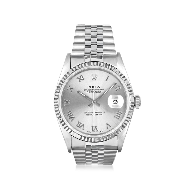 Automatic wristwatch with silver dial, Roman numerals, date window, stainless steel and white gold
