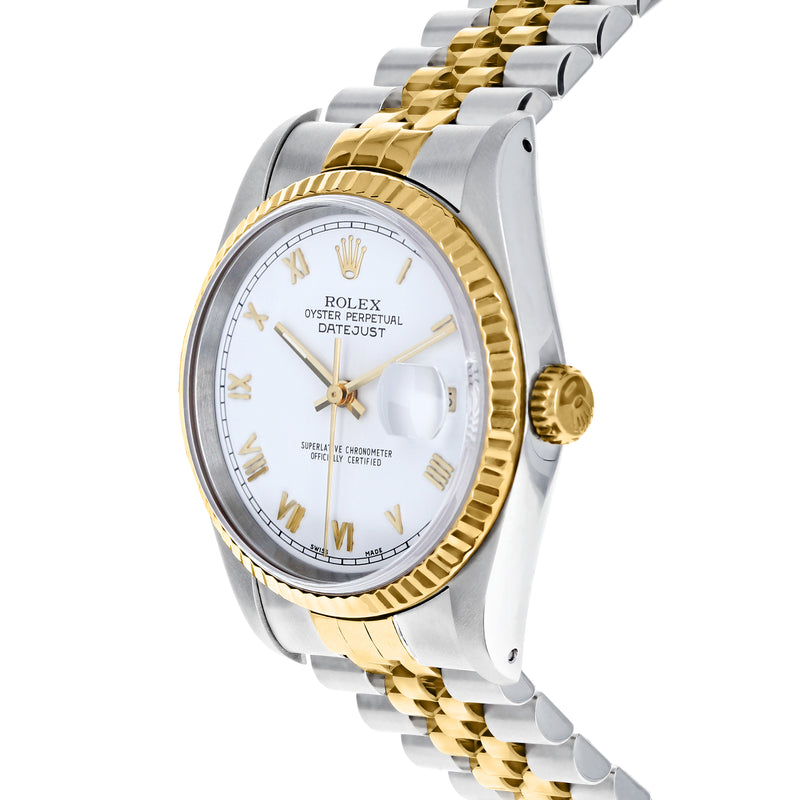 Rolex Datejust watch side view, white dial with date window, gold bezel, steel case