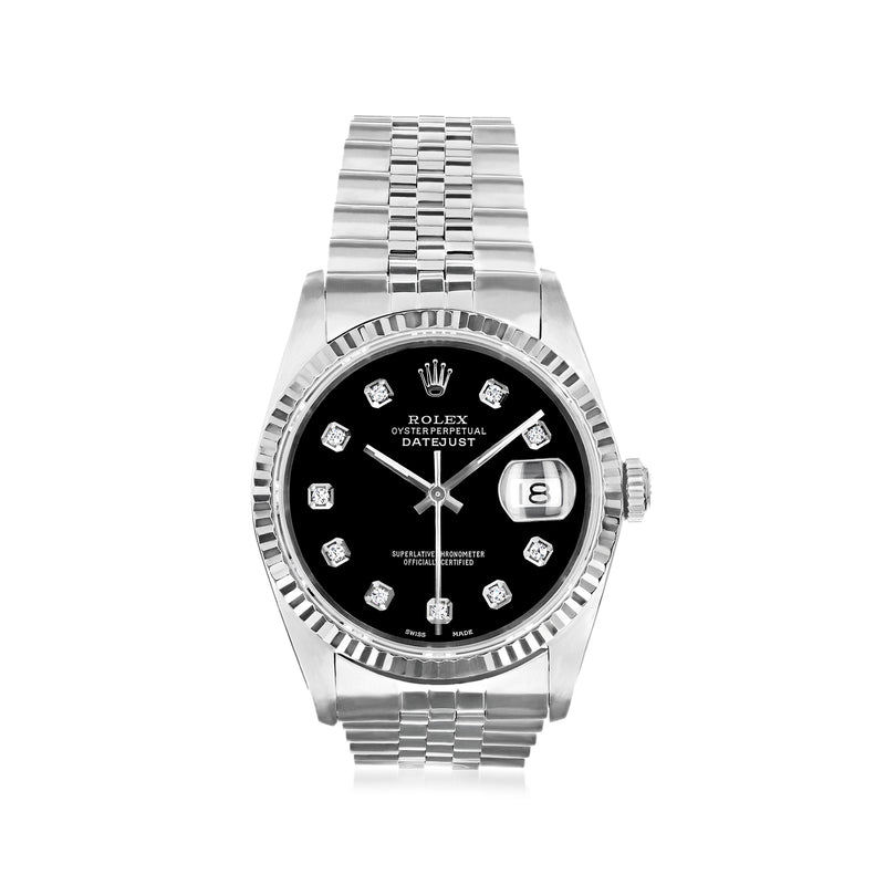 Men's Rolex Datejust stainless steel watch with black diamond dial and date window