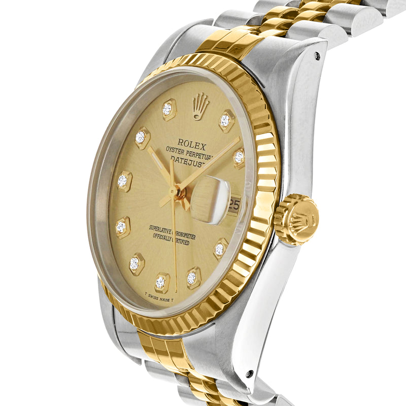 Two-tone Rolex Datejust watch angled side view, fluted yellow-gold bezel and crown